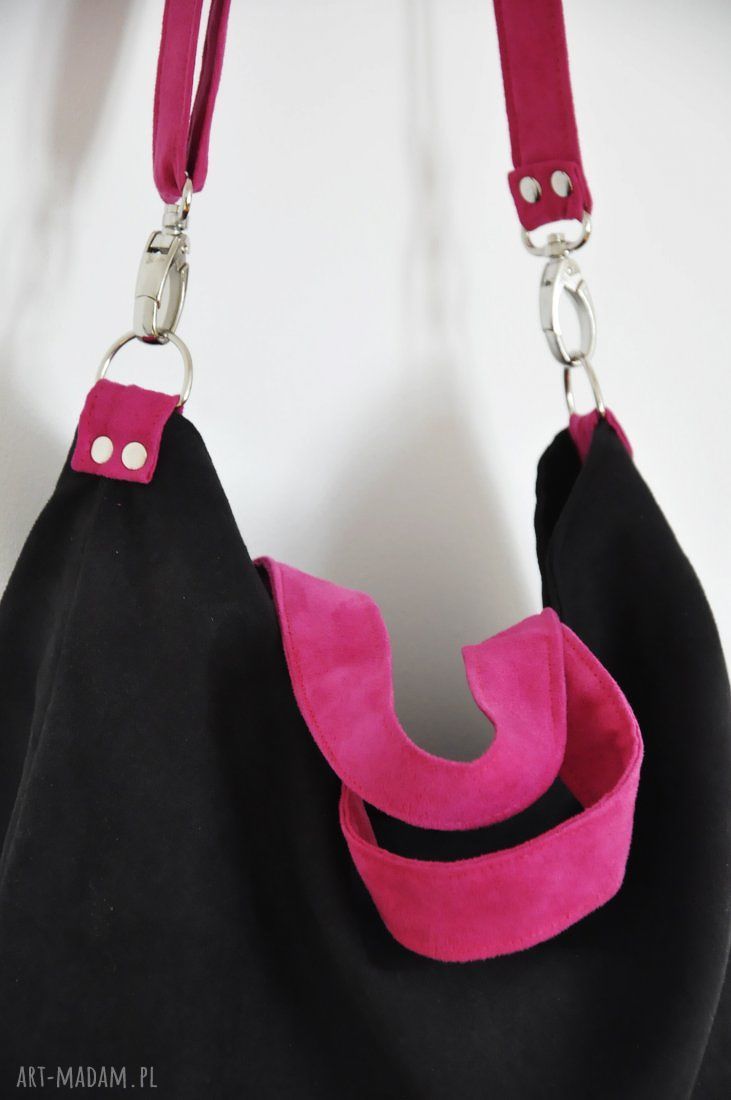 Torba hobo XXL - czerń i fuksja (wegańska Alcantra)