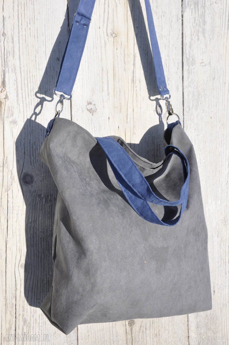 Torba hobo XXL na ramię - szarość i kobalt (alcantra, A4)