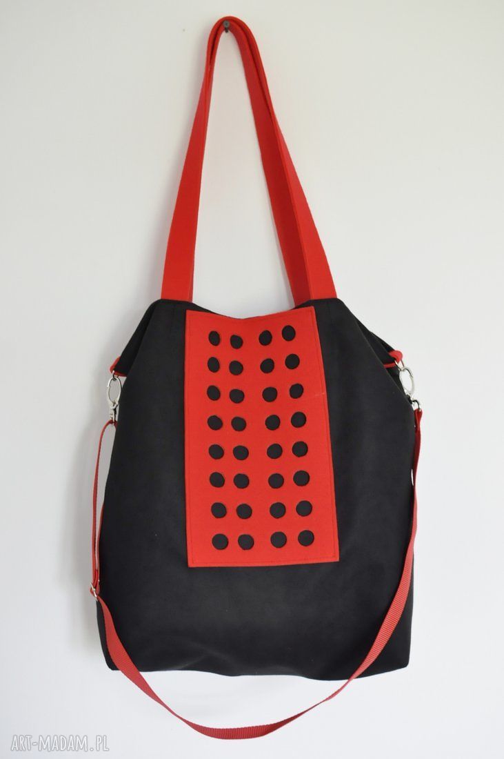 Torba hobo XXL na ramię w kolorach czerń i czerwień - alcantara oraz filc