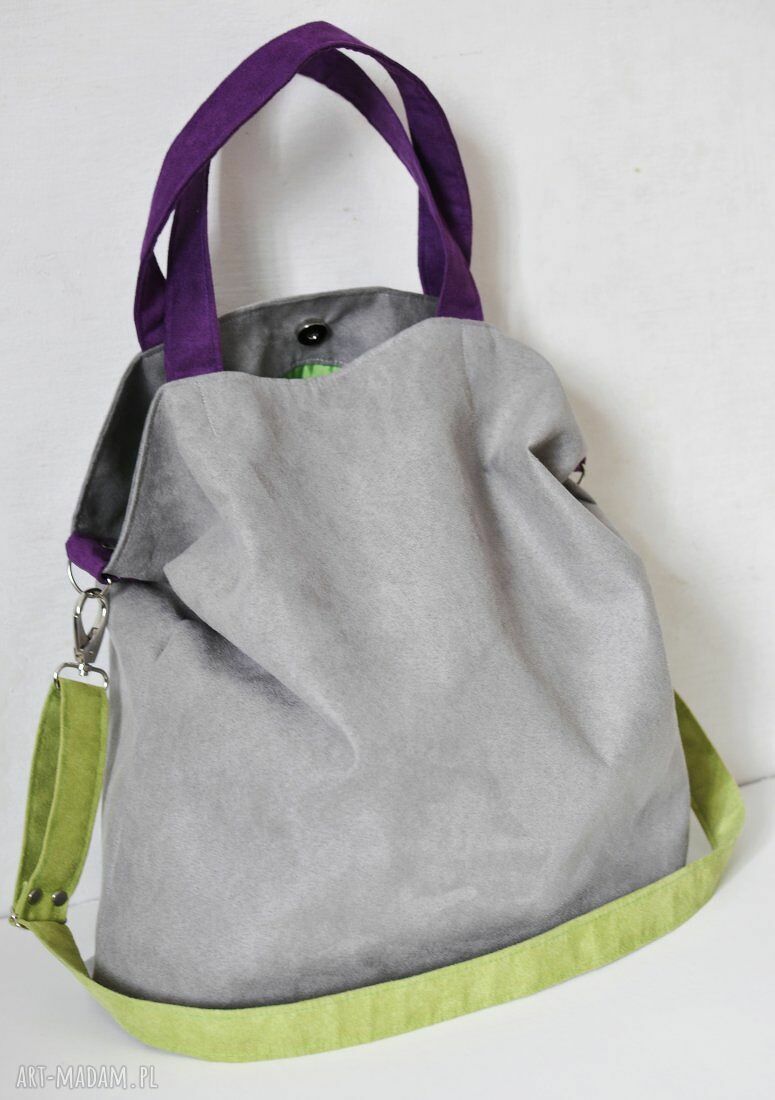Torba hobo XXL na ramię - szary, limonka i fiolet, A4 i więcej