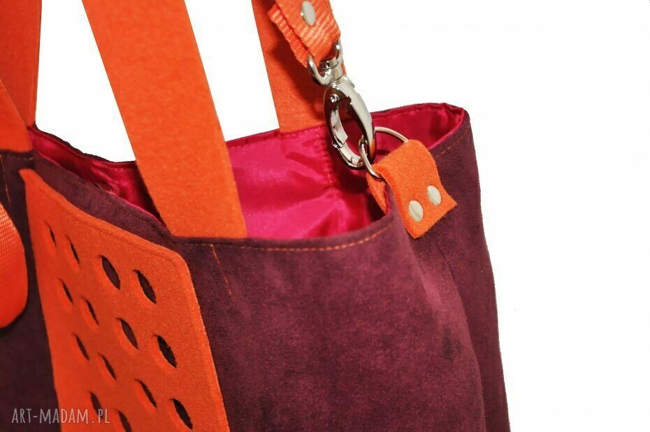 Torba hobo XXL oberżyna i pomarańcz - alcantara z filcem na ramię