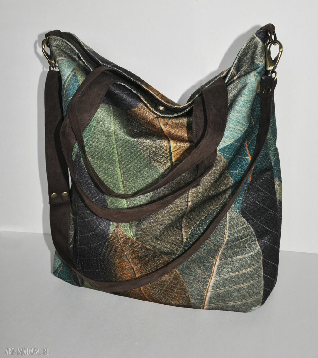 Torba hobo XXL print liście na ramię - eko zamsz wegańska