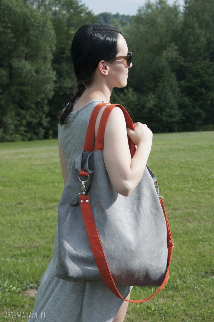 Torba hobo XXL szara i pomarańcz - na ramię z wegańskiej alcantary