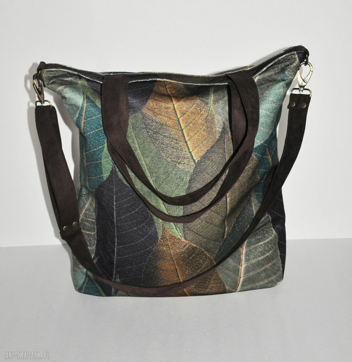 Torba hobo XXL print liście na ramię - eko zamsz wegańska