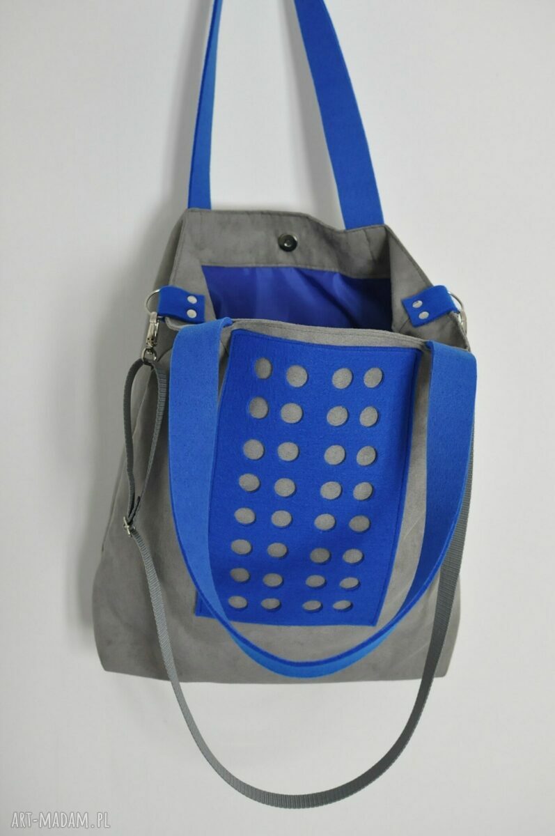 Torba Hobo XXL na ramię Szarość z Kobaltem - filc i Alcantara