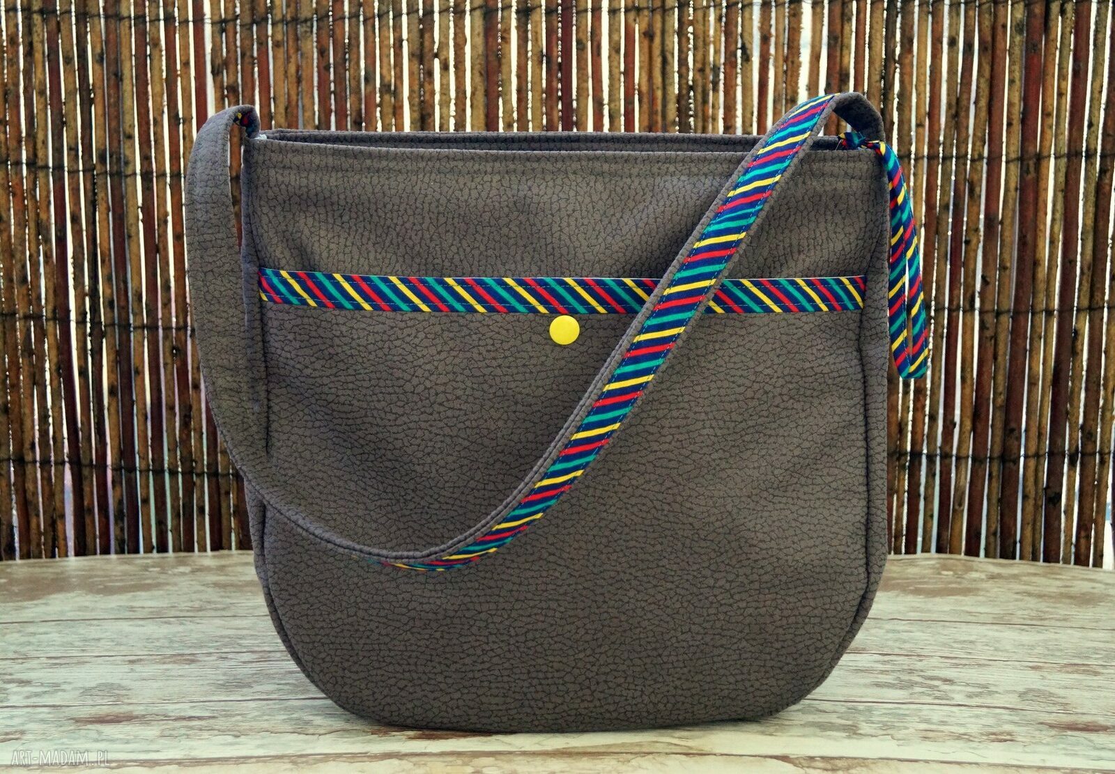 Torba hobo z kieszenią - szara alcantara z ptaszkami