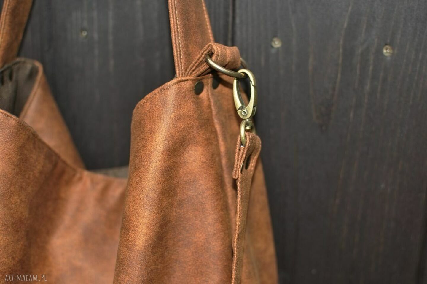 Torba hobo XXL koniakowa na ramię - pojemny worek A4, ręcznie robiona