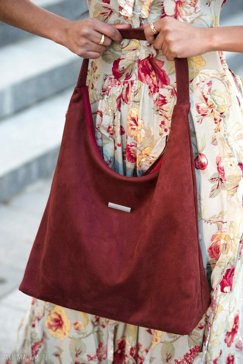 Torba HOBO na ramię - bordo, handmade z ekologicznego nubuku tapicerskiego