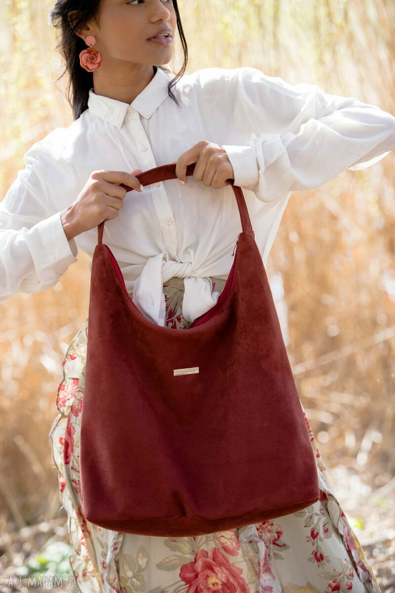 Torba HOBO na ramię - bordo, handmade z ekologicznego nubuku tapicerskiego
