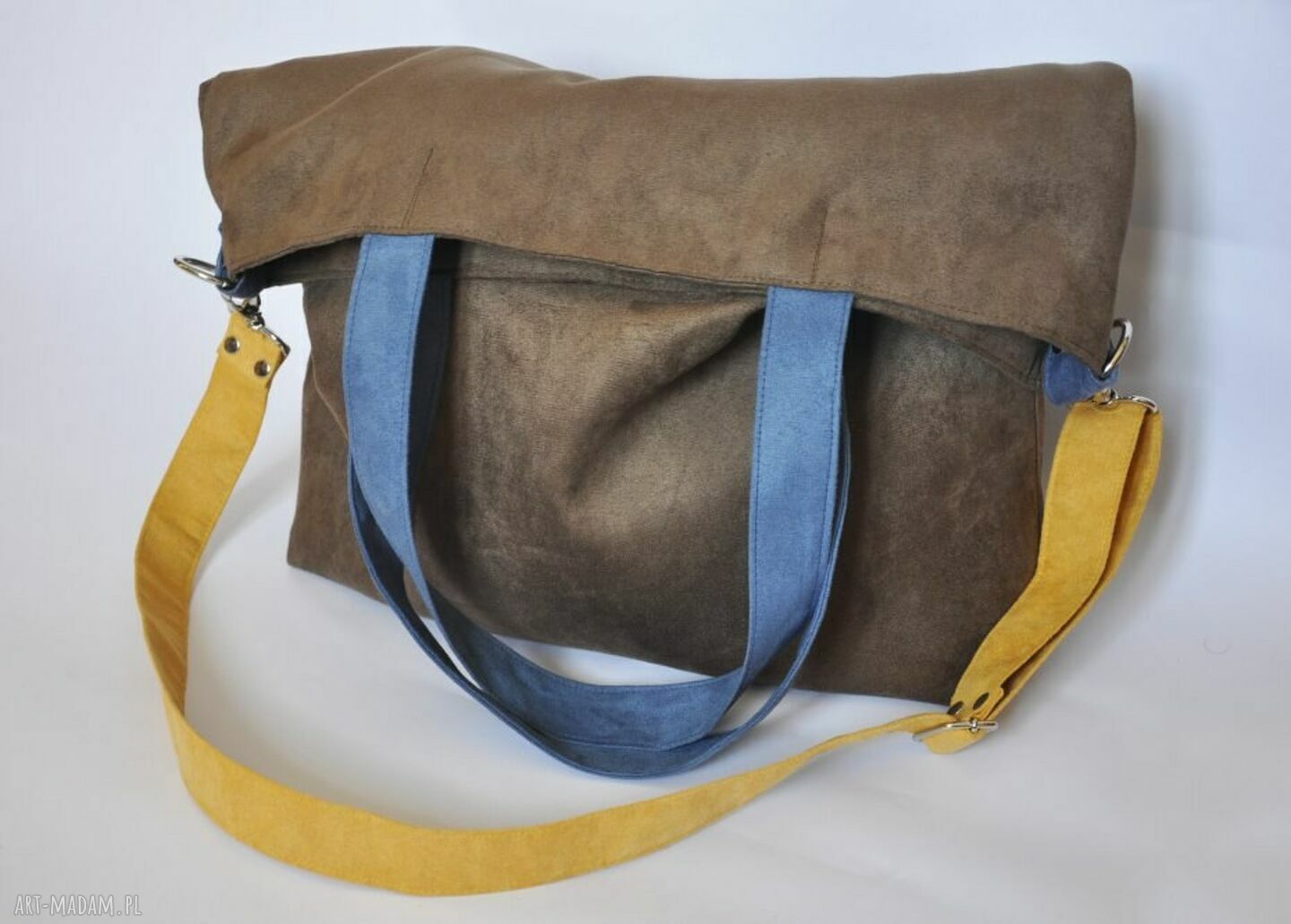 Torba hobo XXL na ramię - brąz, niebieski i żółty