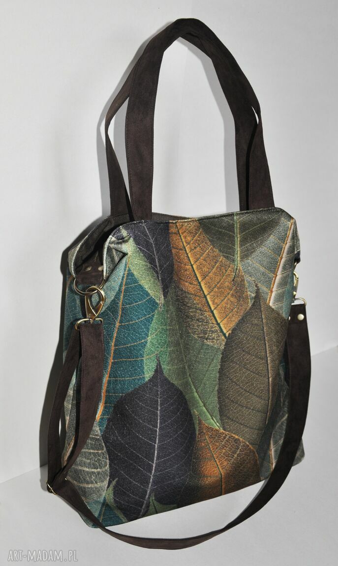 Torba hobo XXL print liście na ramię - eko zamsz wegańska