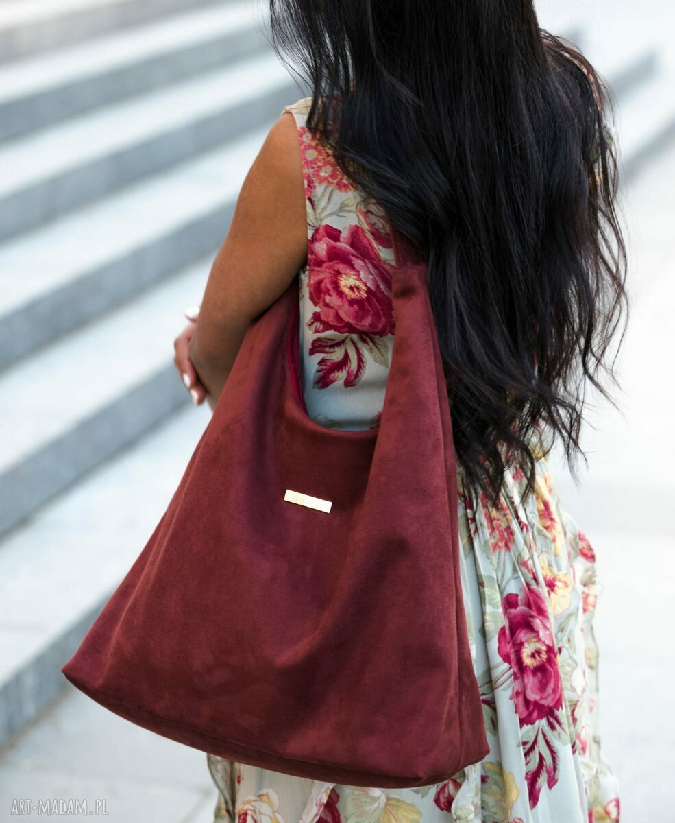 Torba HOBO na ramię - bordo, handmade z ekologicznego nubuku tapicerskiego
