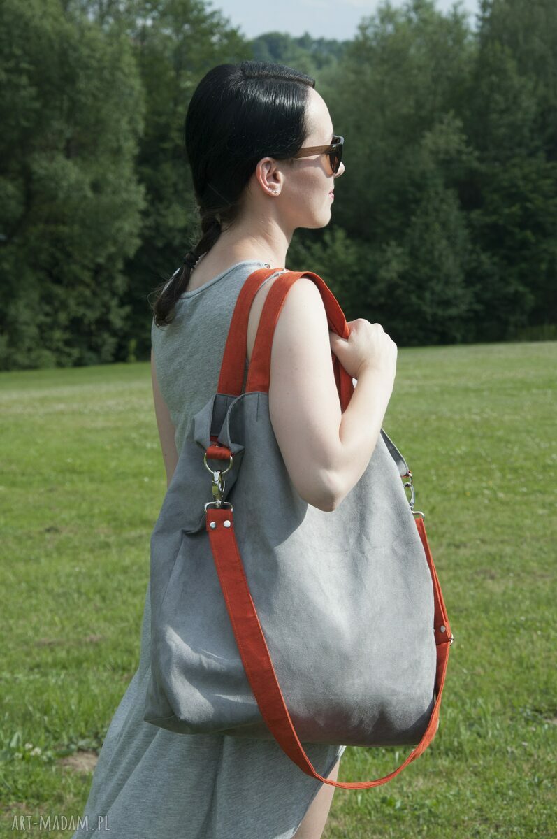 Wegańska torba hobo XXL - szary, pomarańcz na ramię (mieszcząca A4)