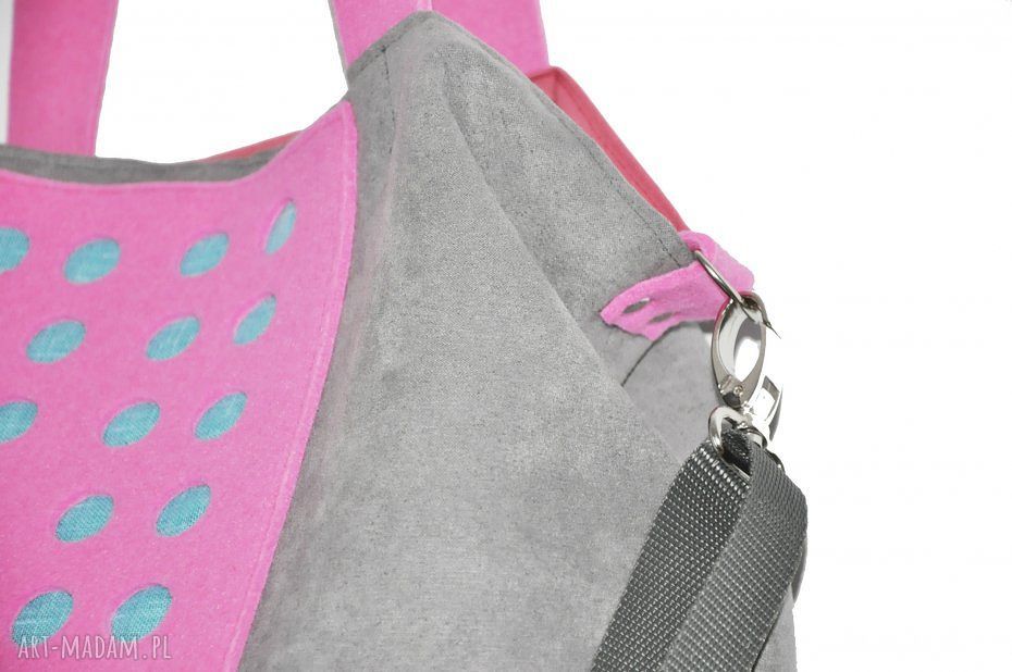 Wegańska torba hobo XXL na ramię - szarość, pudrowy róż i turkus