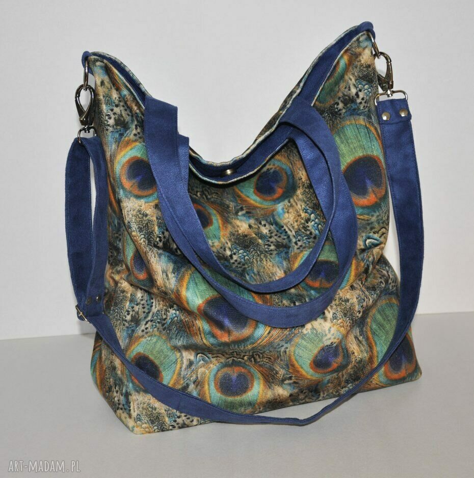 Torba hobo XXL na ramię z printem pawie pióra