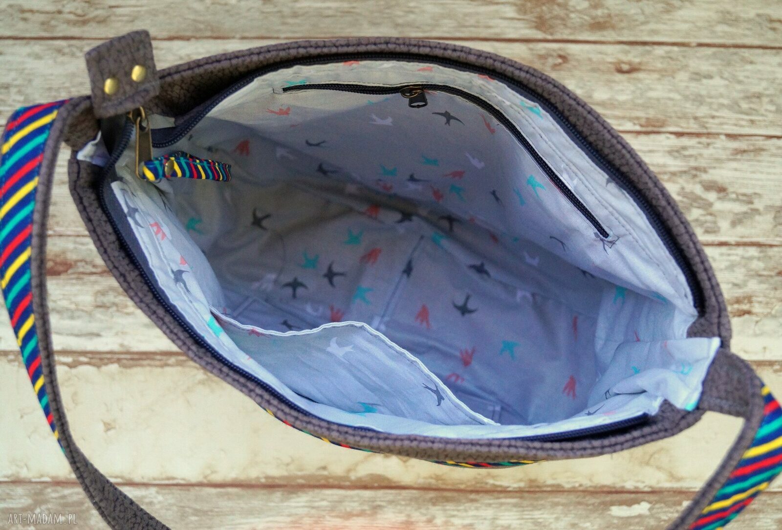 Torba hobo z kieszenią - szara alcantara z ptaszkami
