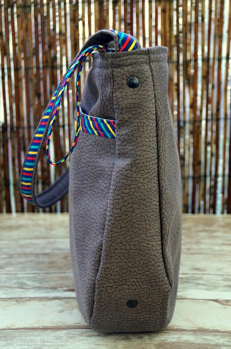 Torba hobo z kieszenią - szara alcantara z ptaszkami
