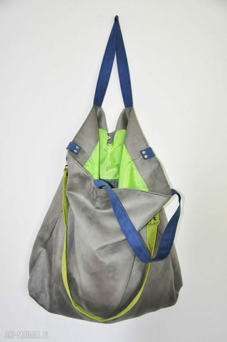 Torba hobo XXL na ramię z alcantry - szary, limonka, niebieski