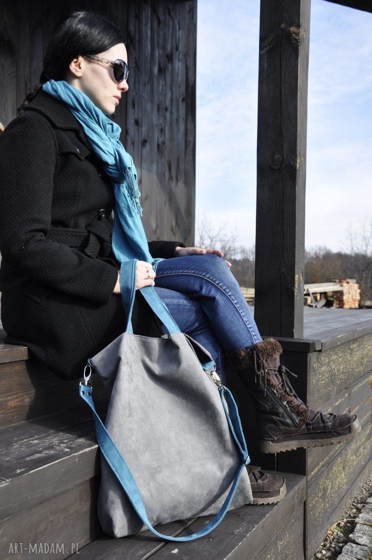 Torba hobo XXL - szarość i szmaragd na ramię (wegańska Alcantra)
