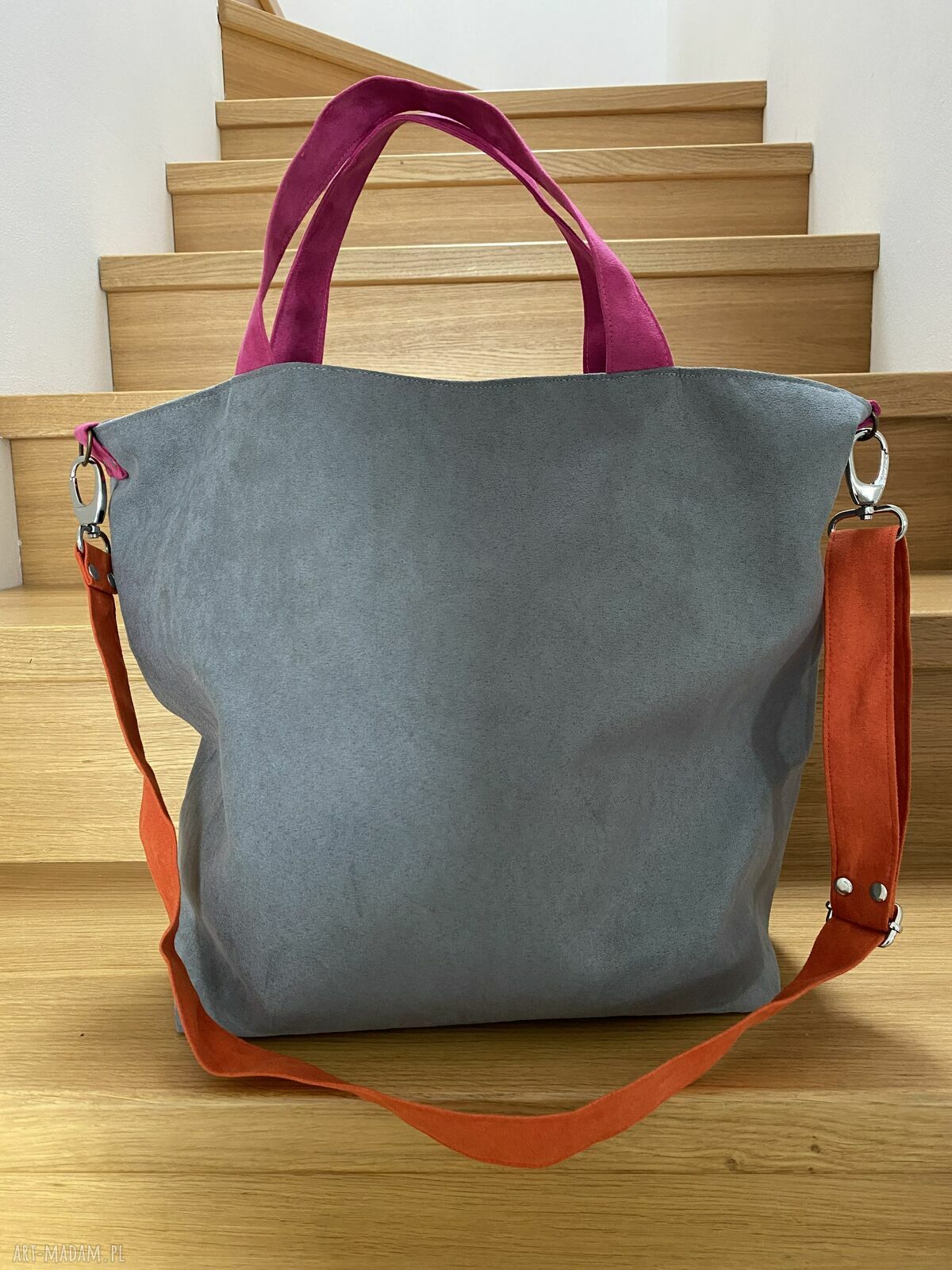 Torba hobo szary fuksja pomarańcz - wegańska alcantara A4