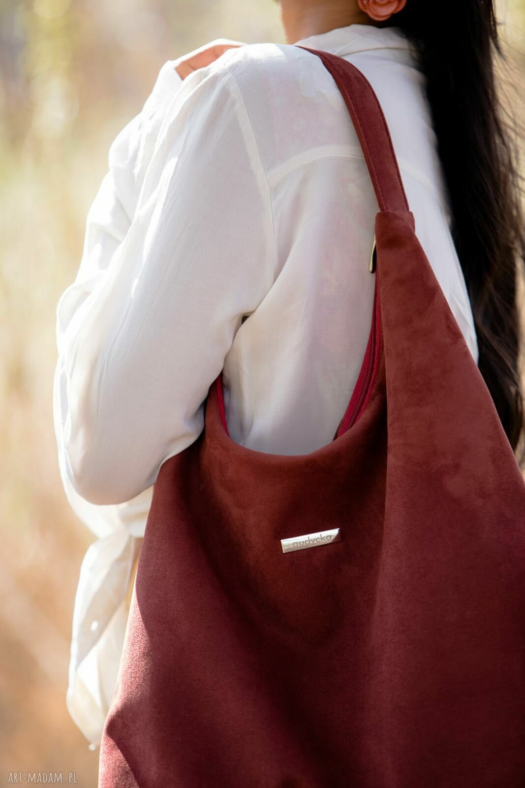 Torba HOBO na ramię - bordo, handmade z ekologicznego nubuku tapicerskiego