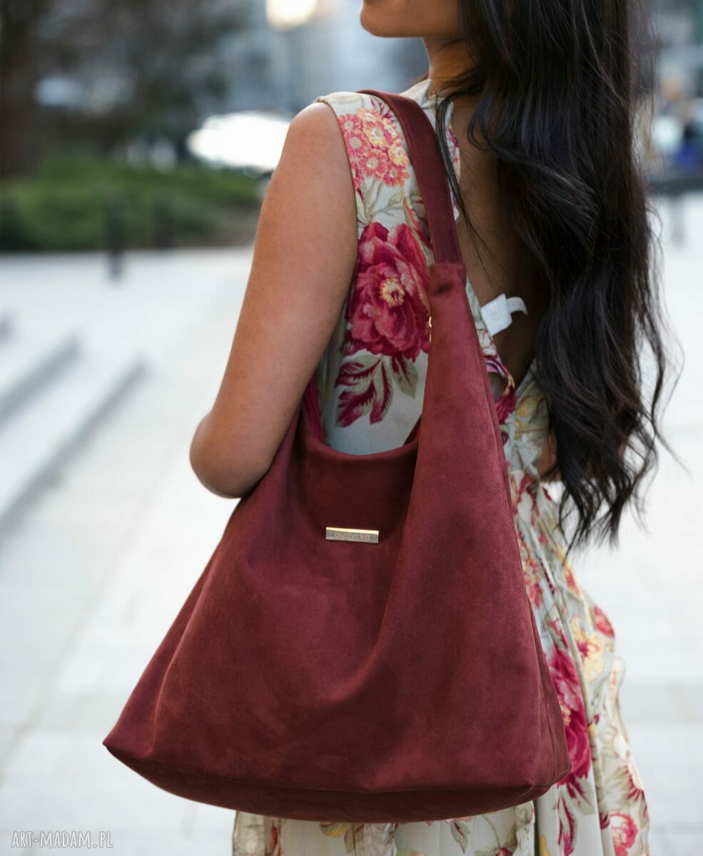 Torba HOBO na ramię - bordo, handmade z ekologicznego nubuku tapicerskiego