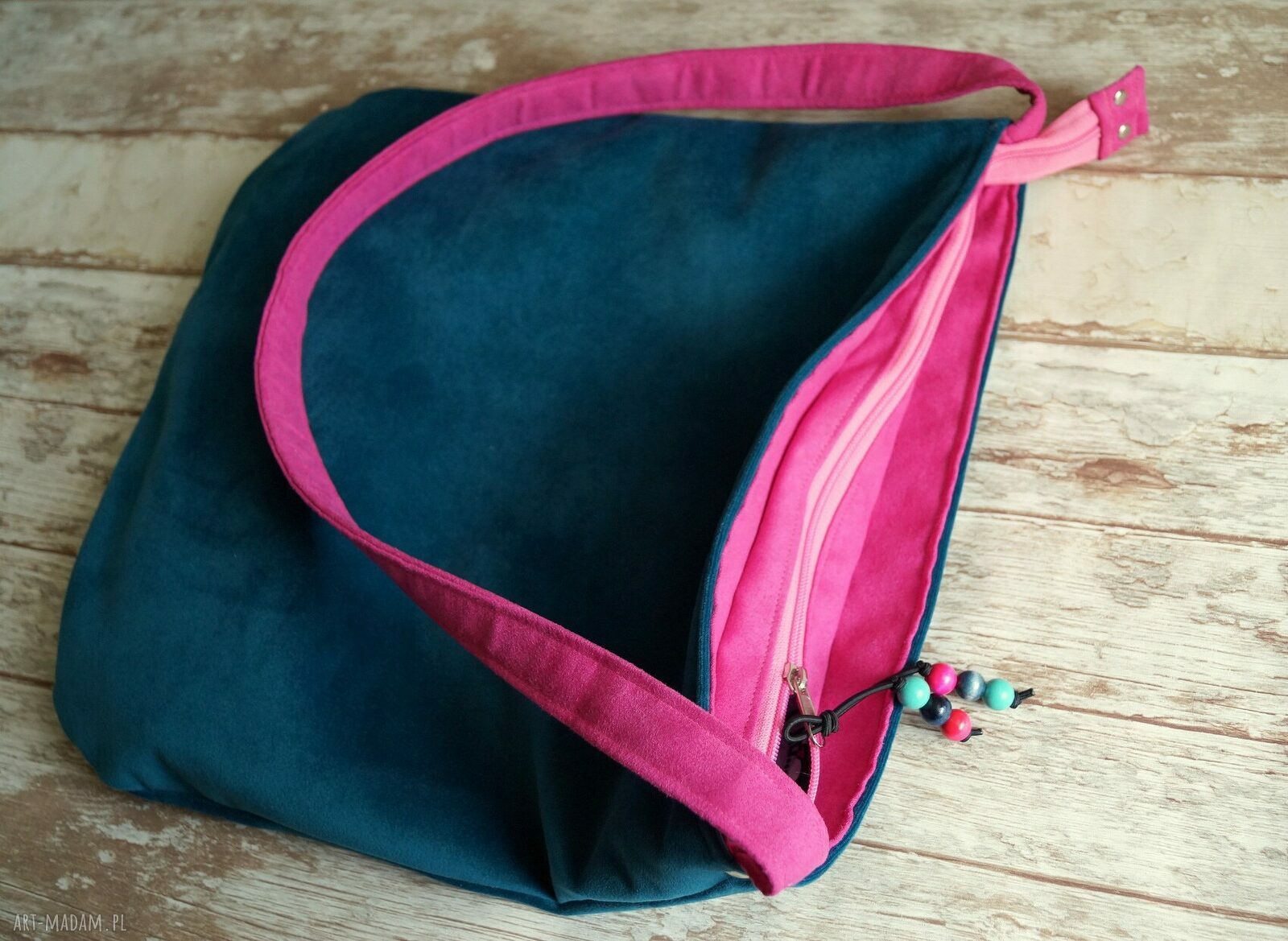 Torba hobo na ramię - turkusowy plusz, różowa alcantara i podszewka w sówki