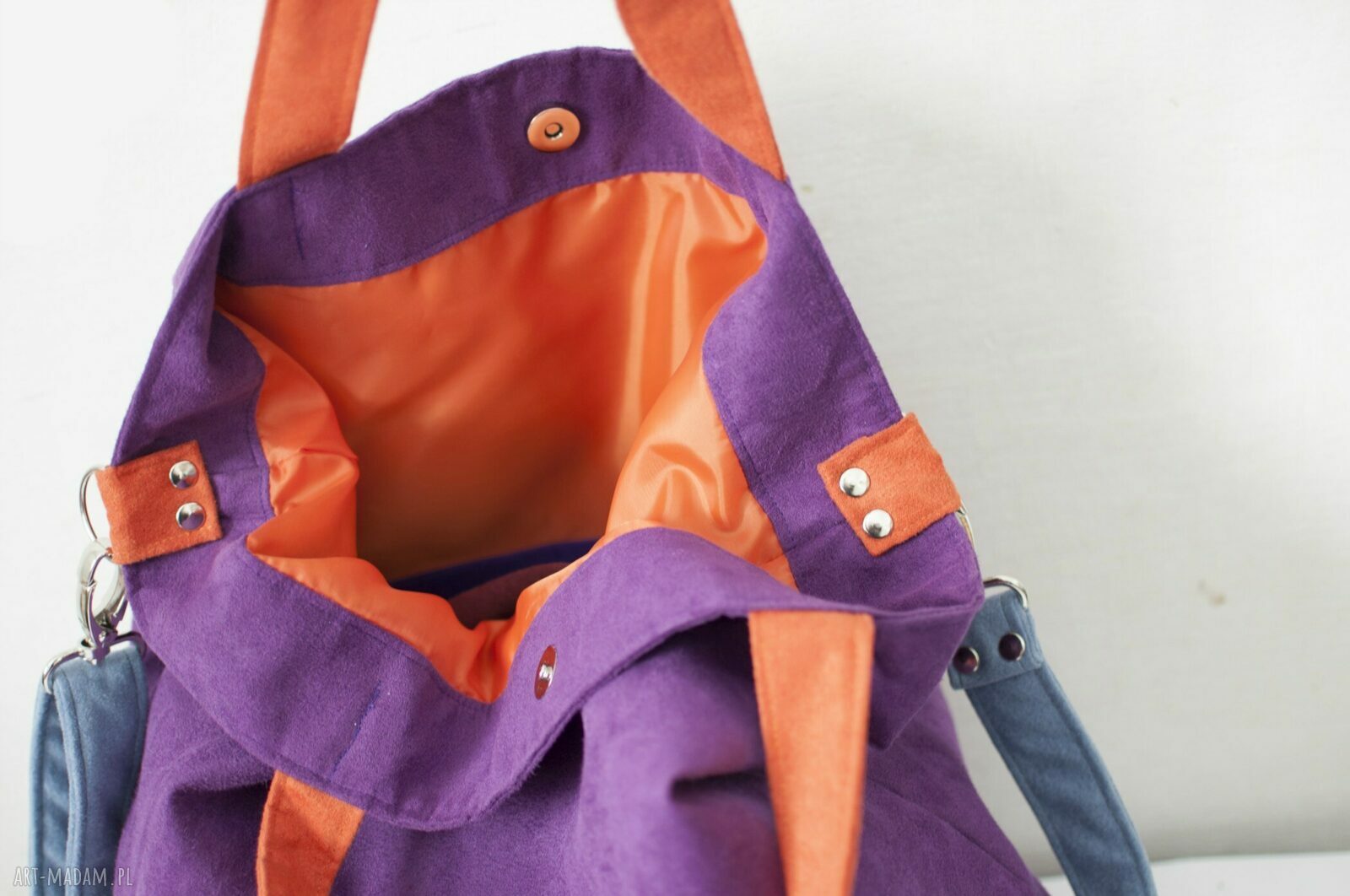 Torba hobo XXL na ramię - fiolet, pomarańcz, szaroniebieski