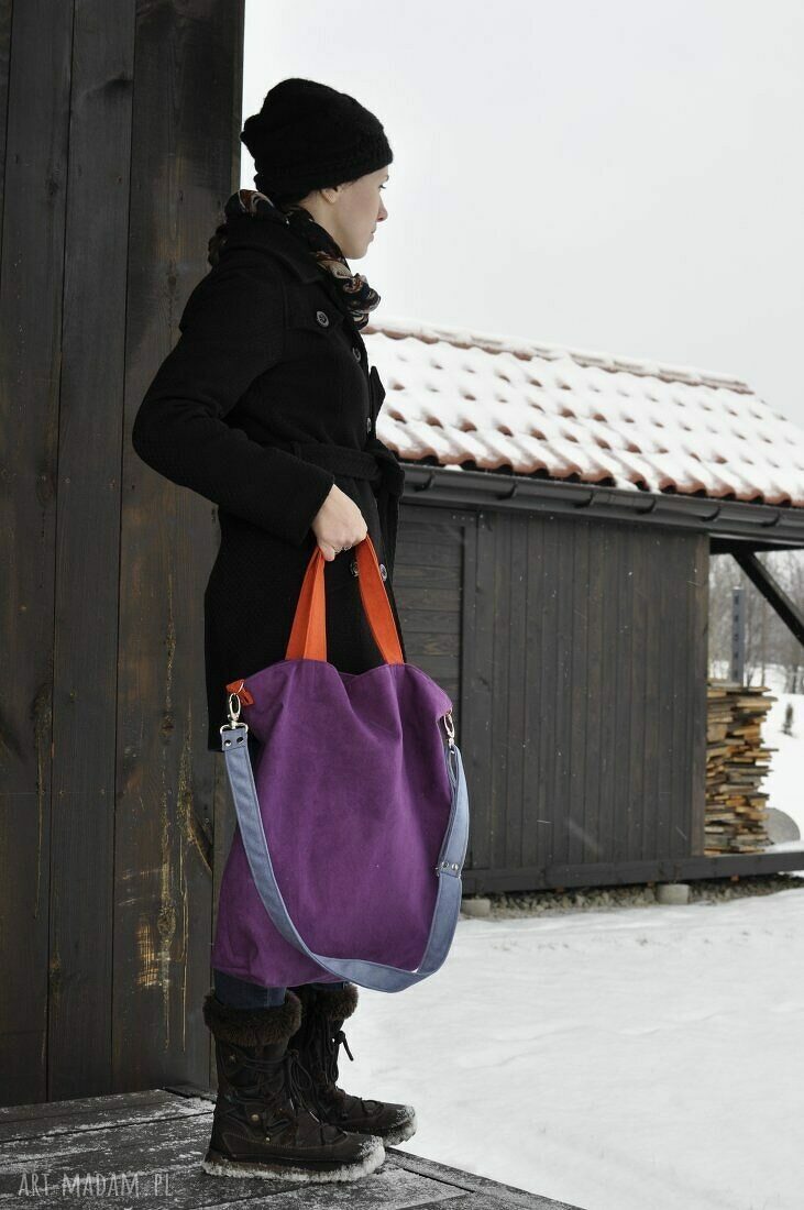 Torba hobo XXL - fiolet, pomarańcz i szaroniebieski