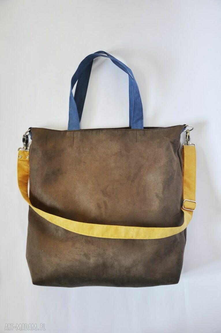 Torba hobo XXL na ramię - brąz, niebieski i żółty
