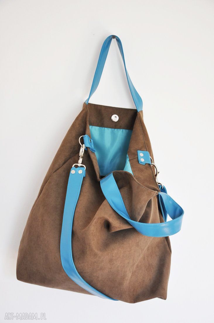 Torba hobo XXL brąz-turkus na ramię - wegańska z syntetycznego zamszu