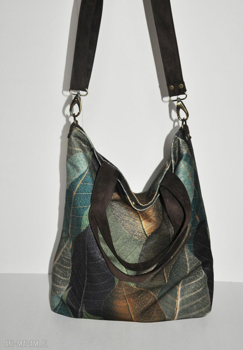 Torba hobo XXL print liście na ramię - eko zamsz wegańska