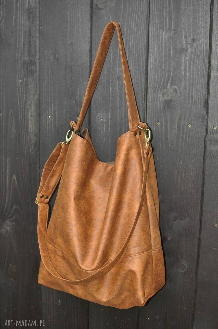 Torba hobo XXL koniakowa na ramię - pojemny worek A4, ręcznie robiona