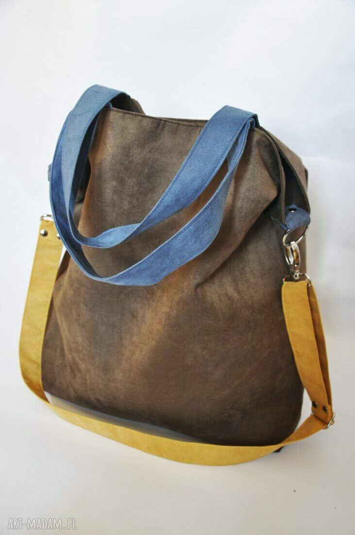 Torba hobo XXL na ramię - brąz, niebieski i żółty