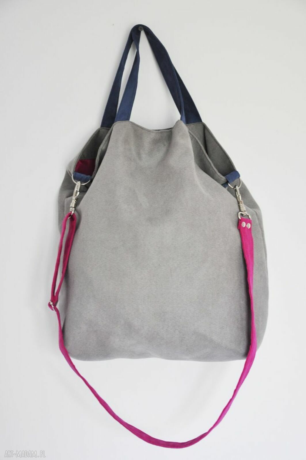Torba hobo XXL - szary fuksja kobalt na ramię