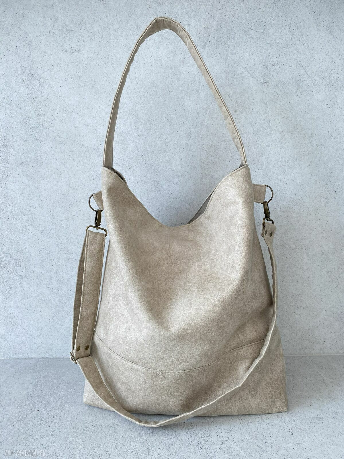 Torba hobo XXL beżowa - wegańska na ramię, ręcznie szyta