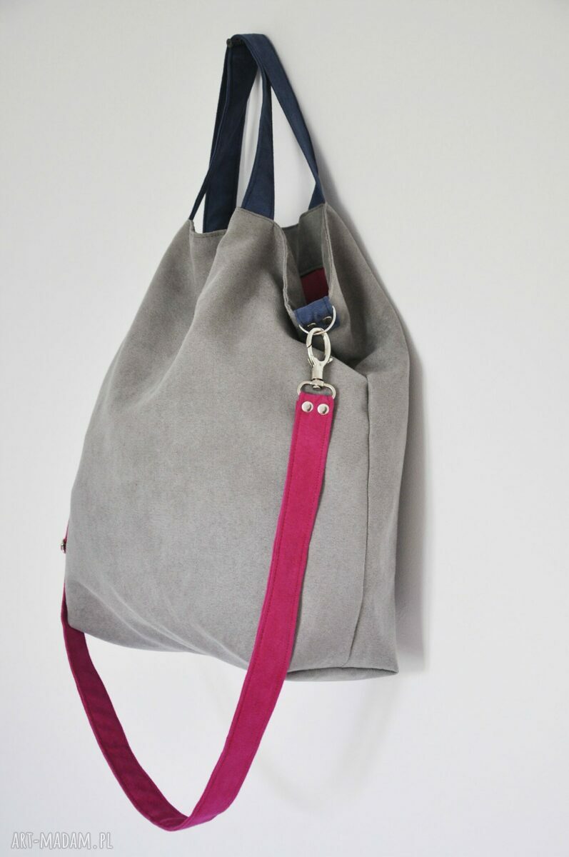 Torba hobo XXL - szarość, fuksja i kobalt z alcantary na ramię