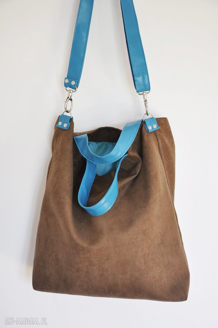Torba hobo XXL brąz-turkus na ramię - wegańska z syntetycznego zamszu