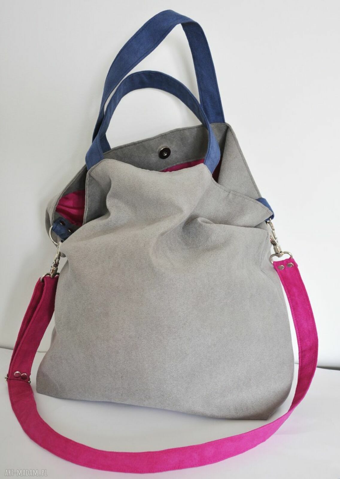 Torba hobo XXL - szary fuksja kobalt na ramię