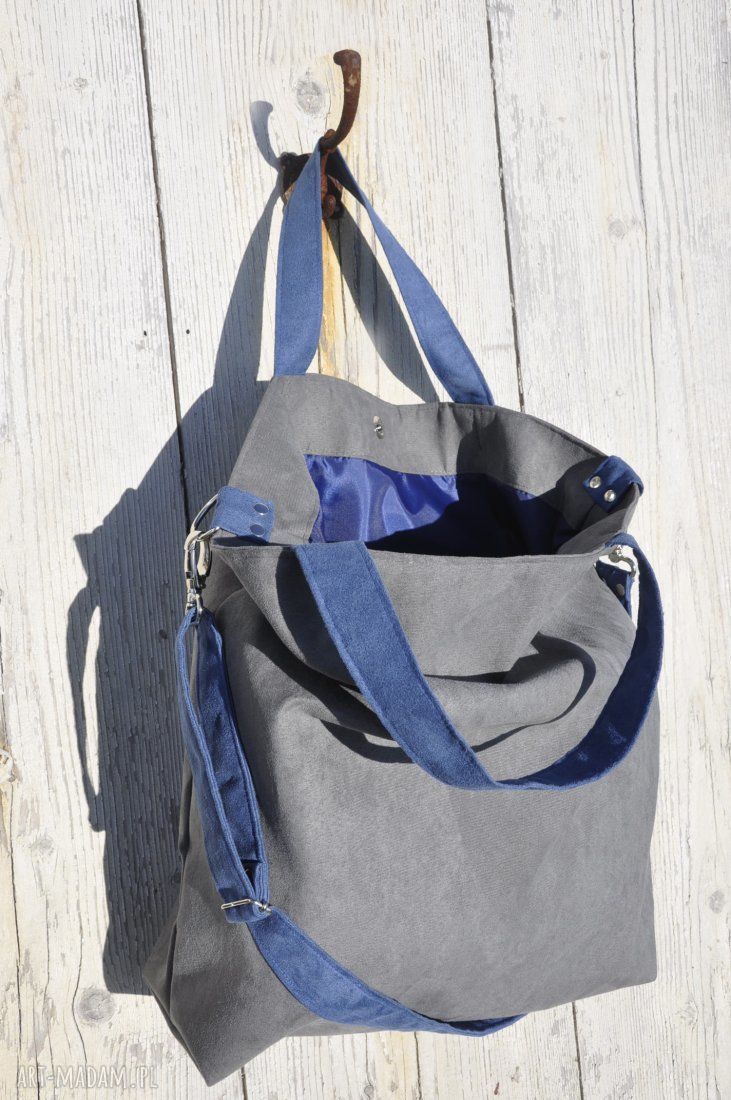 Torba hobo XXL na ramię - szarość i kobalt (alcantra, A4)