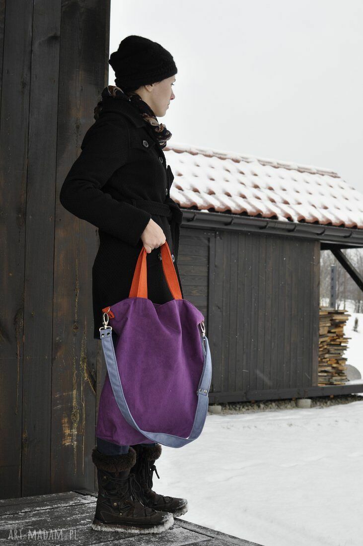 Torba hobo XXL - fiolet, pomarańcz i szaroniebieski (alcantra)