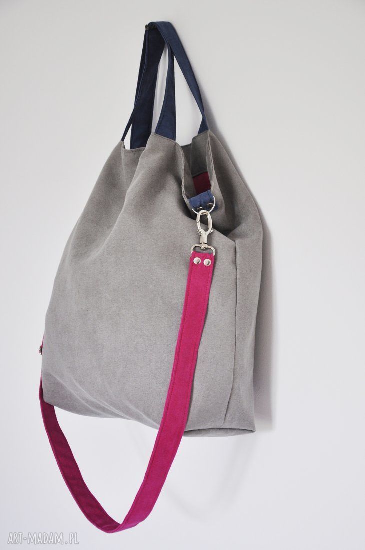 Torba hobo XXL na ramię - szarość, kobalt, fuksja (A4, magnes, alcantra)
