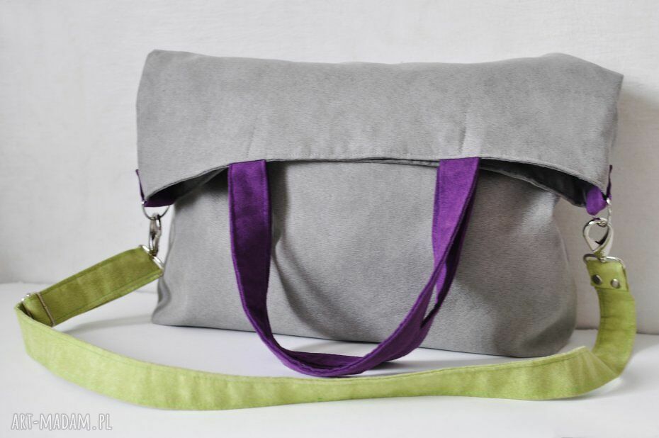 Torba hobo XXL na ramię - szary, limonka i fiolet, A4 i więcej