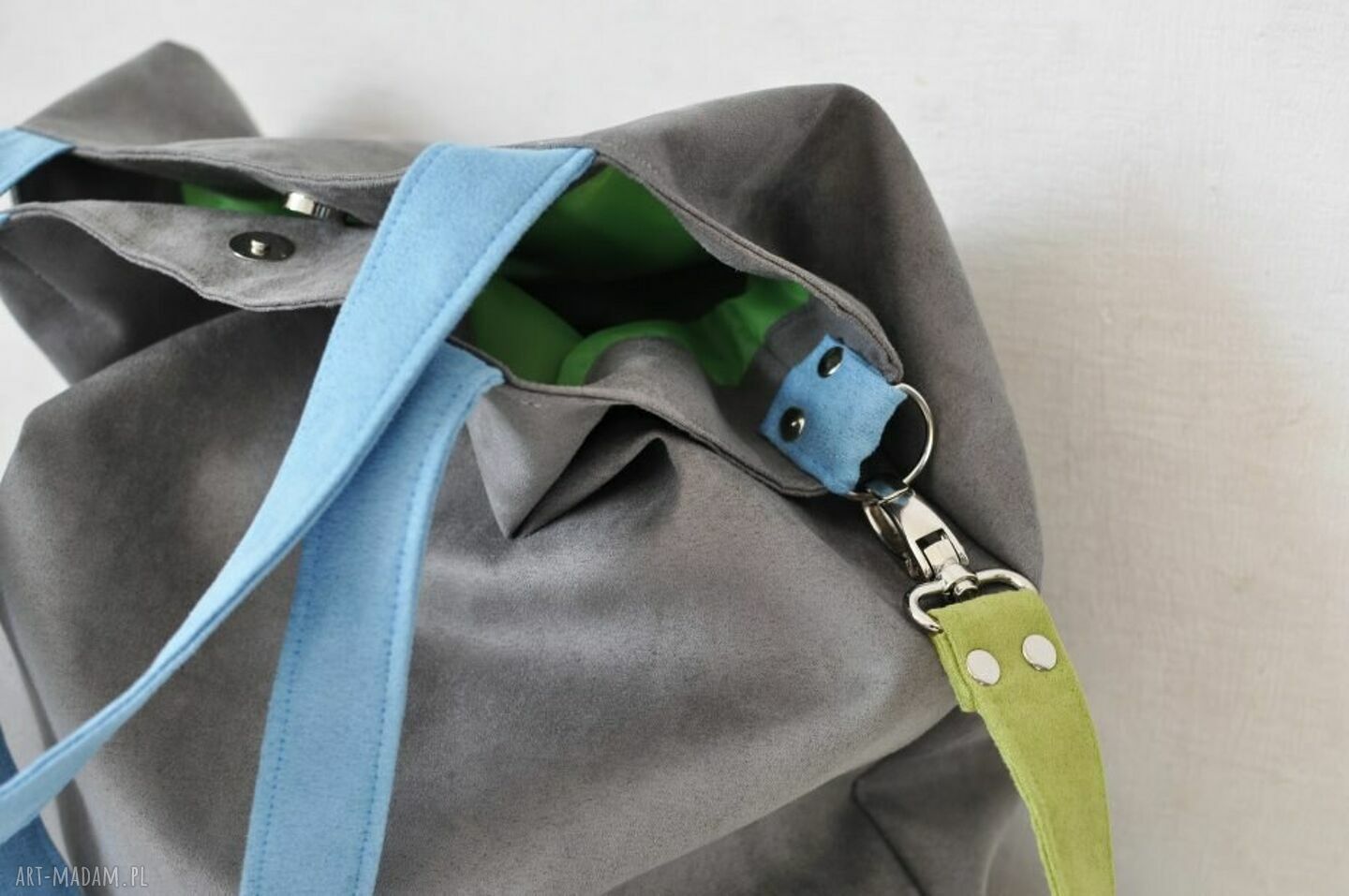 Torba hobo XXL na ramię - szary, limonka, błękit