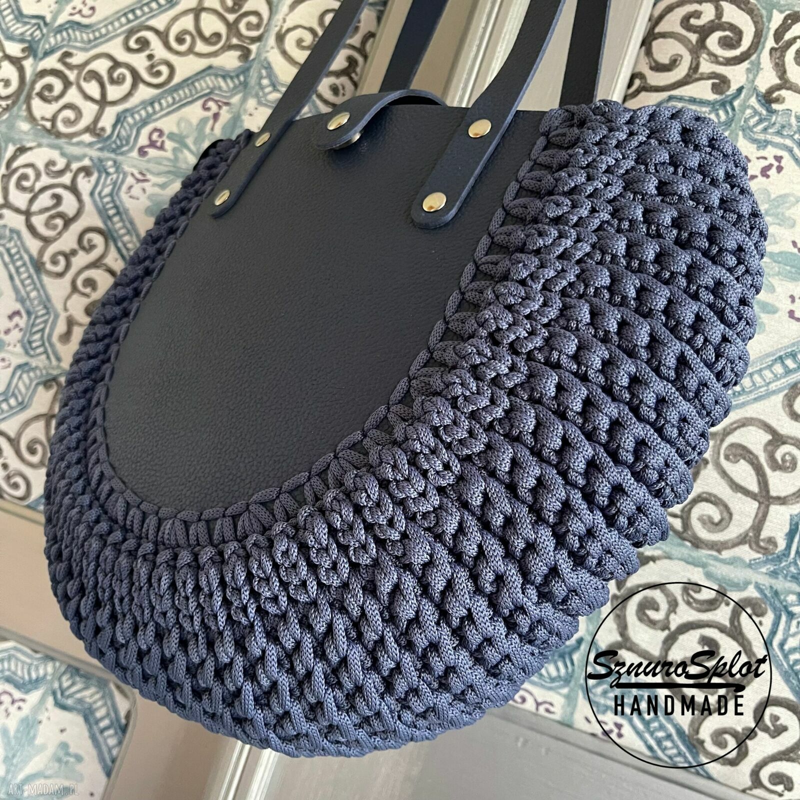 Torba jeans na ramię ze skóry i sznurka poliestrowego - handmade