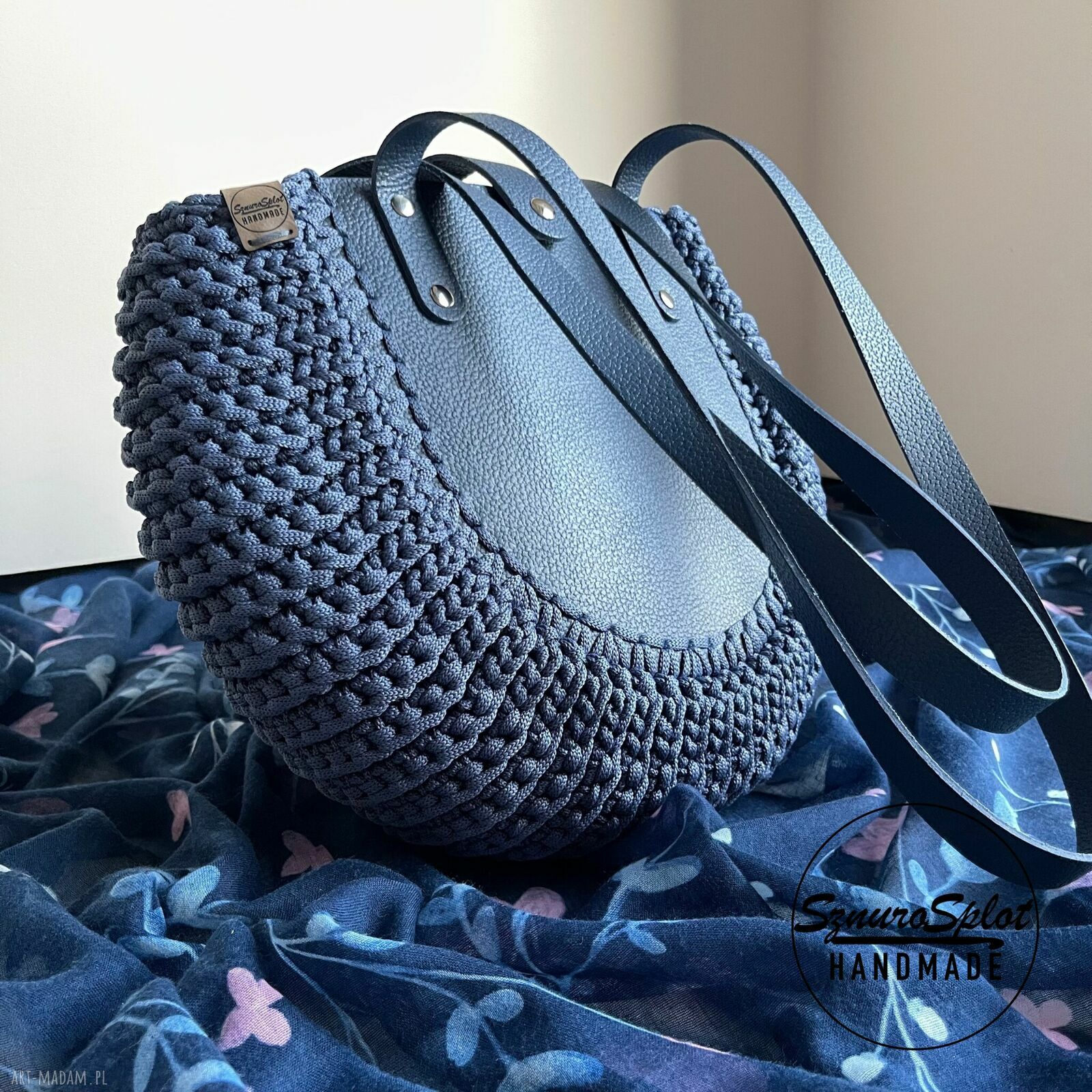 Torba jeans na ramię ze skóry i sznurka poliestrowego - handmade