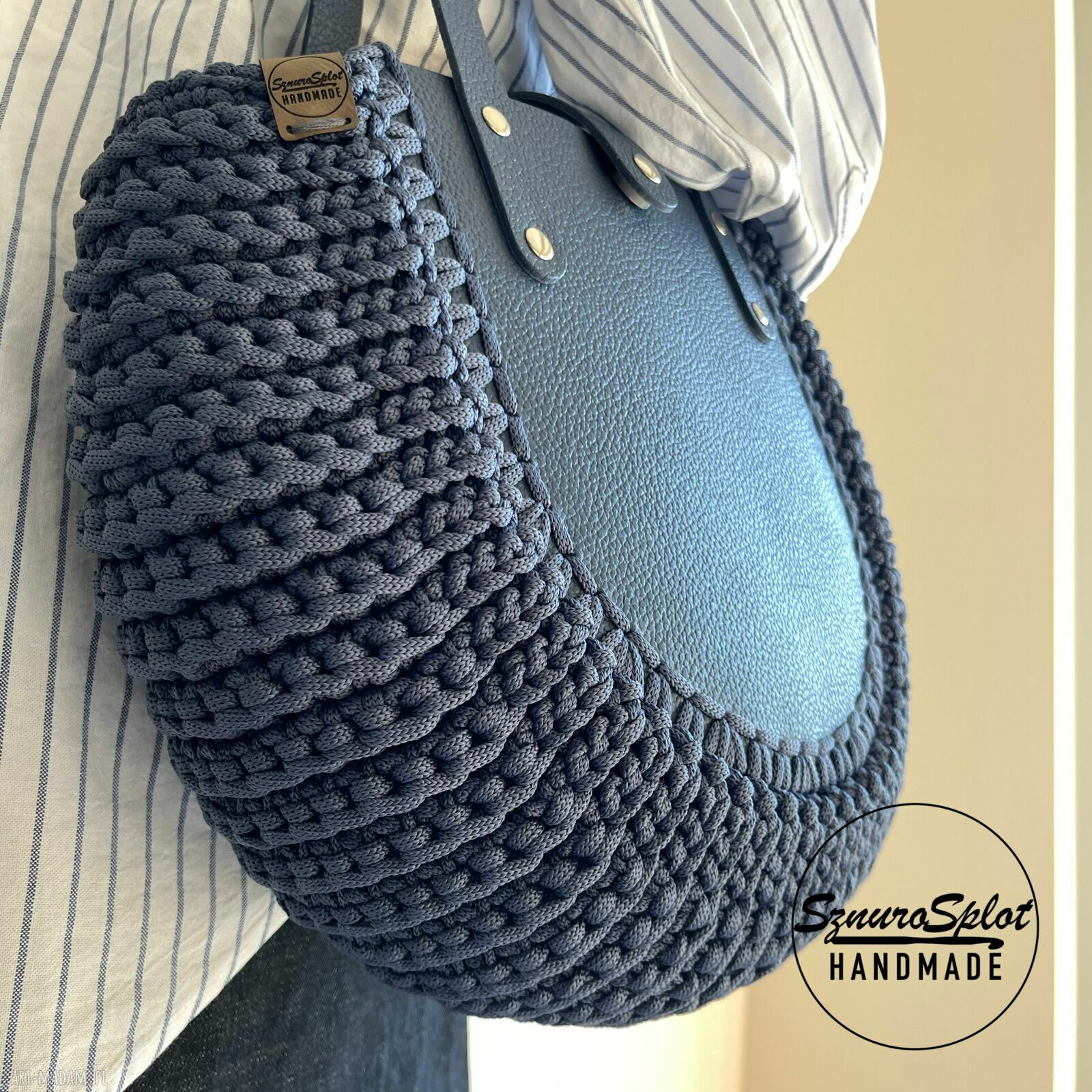Torba jeans na ramię ze skóry i sznurka poliestrowego - handmade