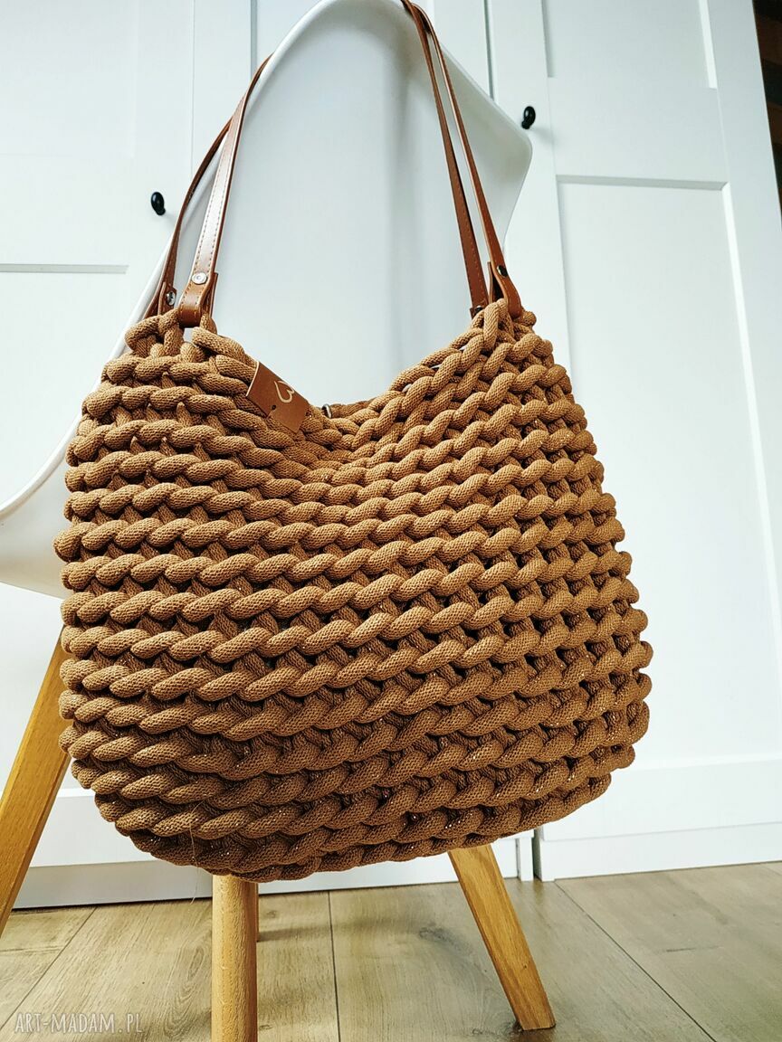 Torba na ramię Boho Weave Bag karmelowa ze złotą nitką - handmade
