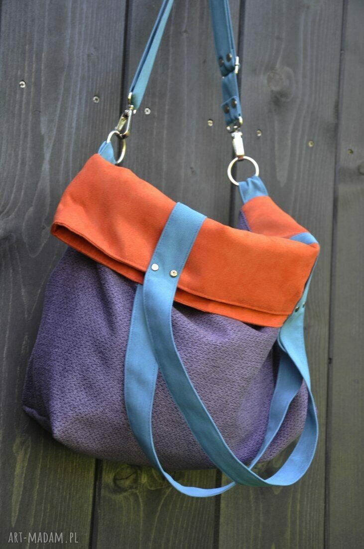 Pojemna torba na ramię color block - pomarańcz, fiolet i turkus (eko zamsz)
