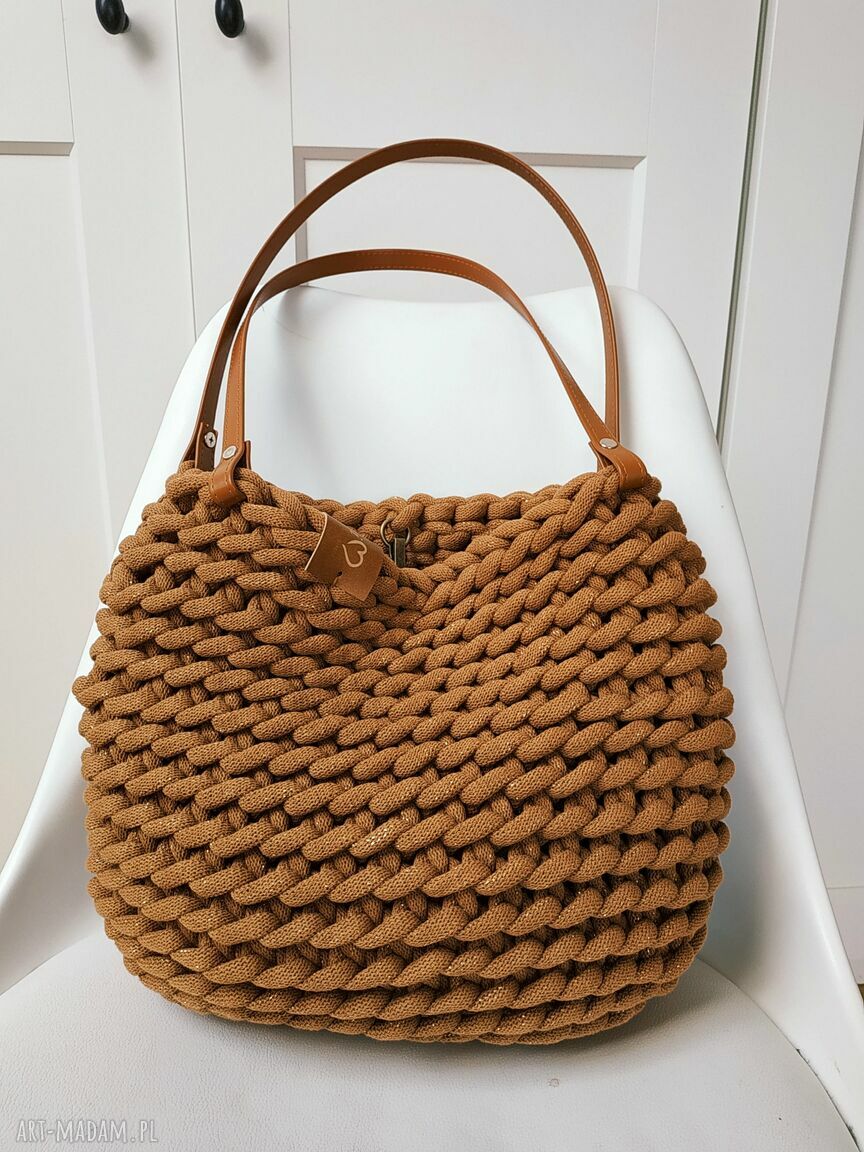Torba na ramię Boho Weave Bag karmelowa ze złotą nitką - handmade